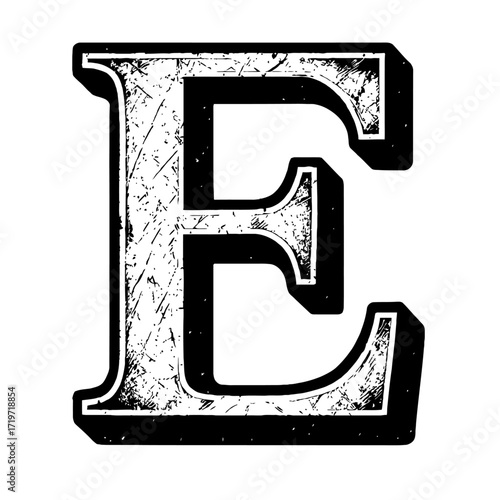 Grungy distressed black and white uppercase letter E with vintage texture, retro style alphabet typography element, high contrast scratched design, aged and weathered capital E initial for print, web,