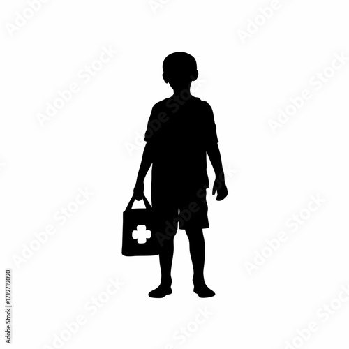 Silhouette of boy carrying bag of medicines from pharmacy isolated on white background