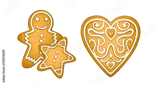 Gingerbread cookies and heart-shaped cookie with intricate designs on a clean white surface, viewed from directly above