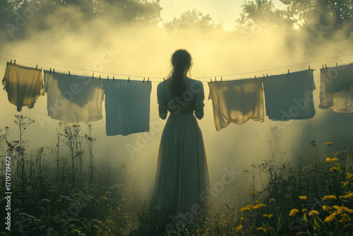 Woman stands in field with laundry drying.