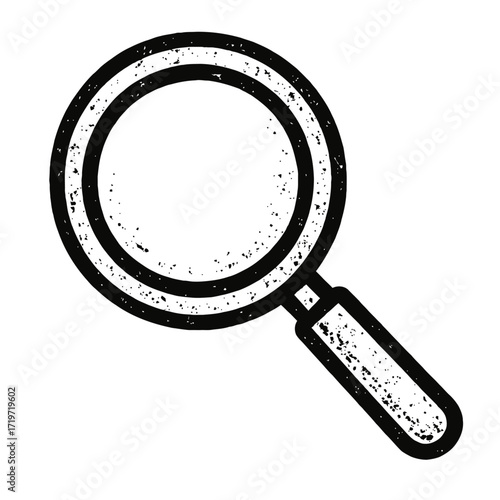 Distressed black and white magnifying glass icon, showcasing a striking grunge texture effect for digital and print media. This versatile symbol represents search, zoom, discovery, investigation, and