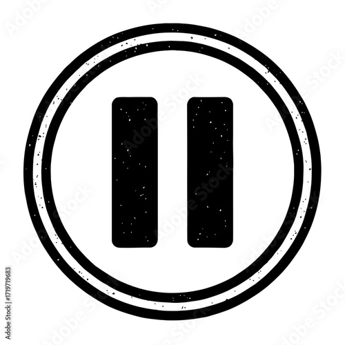 Grungy B&W pause symbol: two vertical bars in a double-ringed circle. Media control icon for temporary halt, break, stop. Perfect for UI/UX, graphic design, digital interfaces, audio/video. Distressed