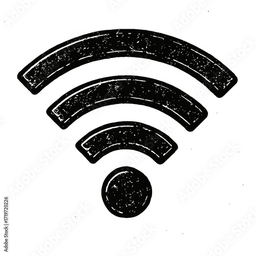 Black Distressed Grunge WiFi Signal Icon. Hand-drawn textured vector art. Wireless internet connectivity symbol for network status, global online access. Ideal for modern digital apps, websites, prese