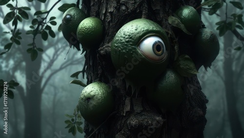 Strange, eye-like fruits cling to a tree trunk in a misty forest