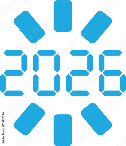 Bright blue digital display shows the year 2026 with radiating light elements