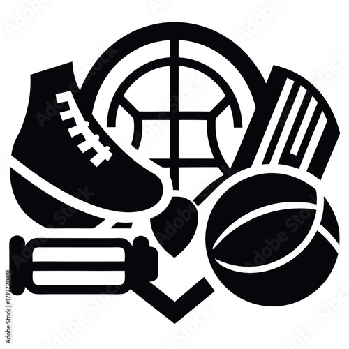 Sports Equipment Black Silhouette Basketball, Helmet, Boxing Shoe, Lacrosse Stick, Hockey Stick, Ball