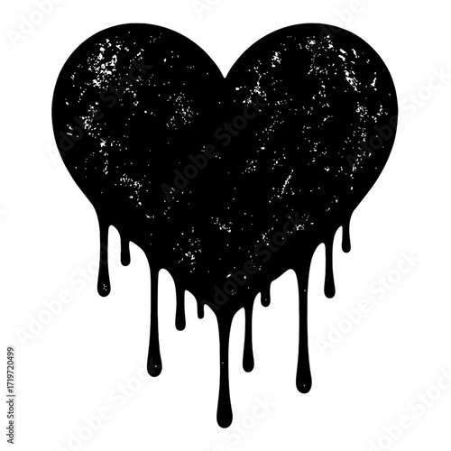 Captivating black dripping grunge heart illustration with a heavily distressed texture, conveying raw emotion and a dark urban aesthetic, perfect for edgy street art style designs and modern graphic p
