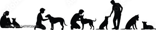 Human and pet companionship silhouette, dogs and owners vector illustration, animal love and connection, friendship, care, and training