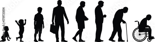 Silhouette evolution of human life stages from childhood to old age, aging process, growth, development, timeline, people profile, black illustration