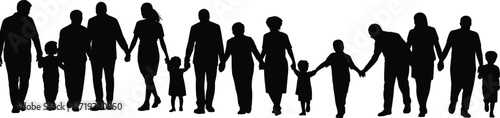 Happy families holding hands flat vector illustration, diverse families walking together, family unity and togetherness, generations silhouette
