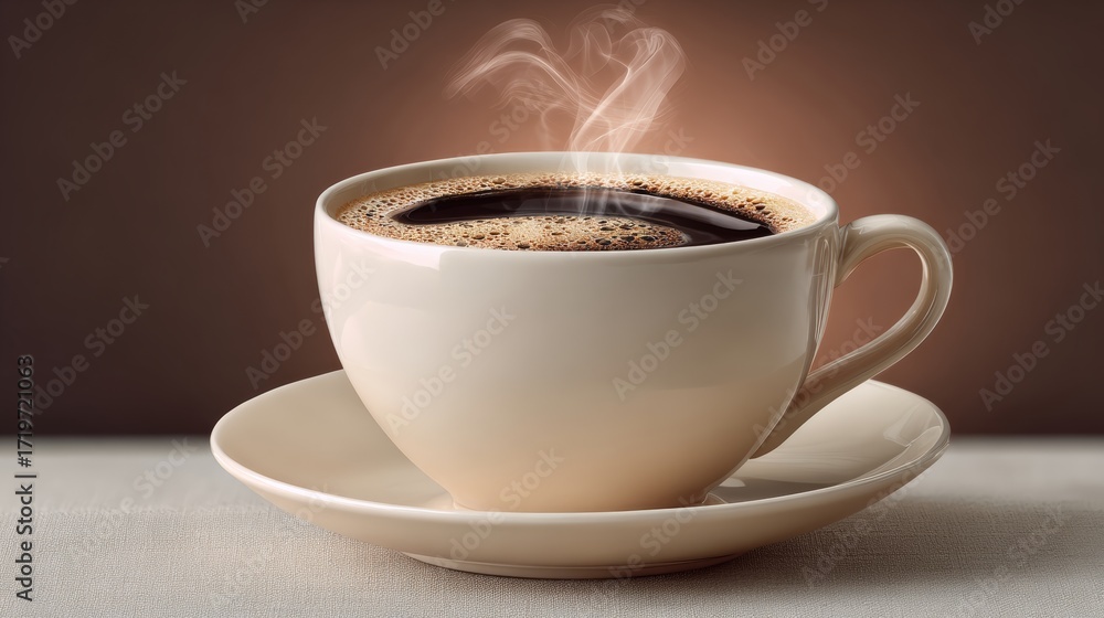 Fototapeta premium White coffee cup with steam rising from it. The cup is sitting on a white saucer