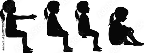 Silhouette of seated girl in various poses, child sitting vector, emotional posture, thoughtful moment, childhood illustration - flat vector illustration