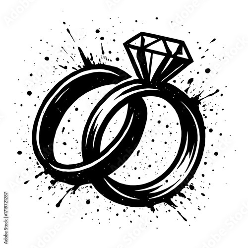 Grungy black and white illustration of elegant diamond engagement and wedding bands, featuring a unique ink splatter effect. This artistic vector art symbolizes eternal love, commitment, and unity, id
