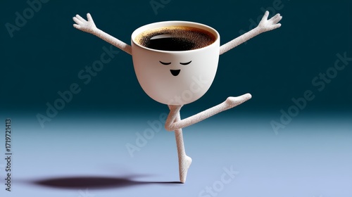 Coffee cup with a smiley face is dancing on its toes. Concept of joy and playfulness, as if the coffee cup is enjoying itself while performing a dance