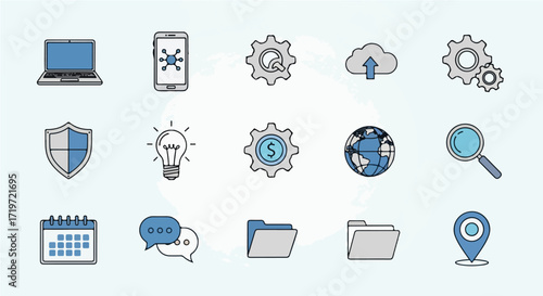 Collection of flat line icons illustrating the concept of modern business, digital technology, and web services