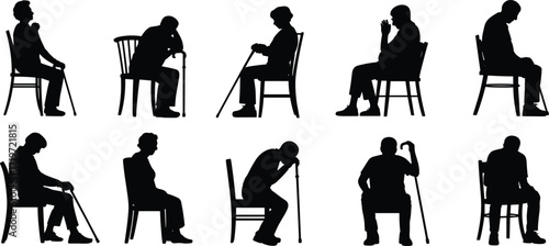 
Silhouettes of elderly people sitting, looking sad, tired, and thoughtful, with canes and walking sticks