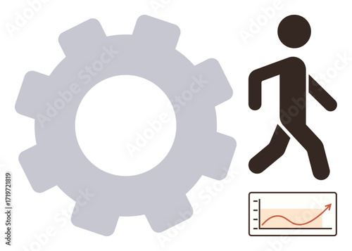 Gear symbolizing process, human figure in motion, and chart with upward trend line. Ideal for teamwork, productivity, growth, planning, workflow business innovation. Simple flat metaphor