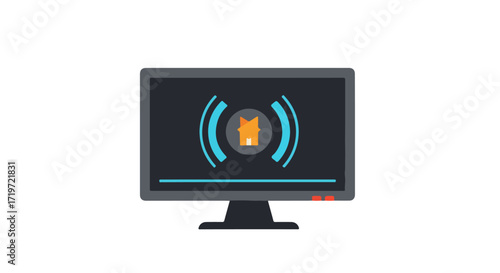 Computer monitor displaying a digital signal with a stylized home icon and signal waves on a dark screen