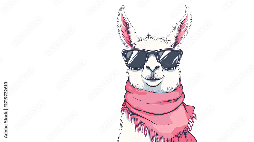 Naklejka premium Illustration of a llama wearing sunglasses and a pink scarf on transparent background
