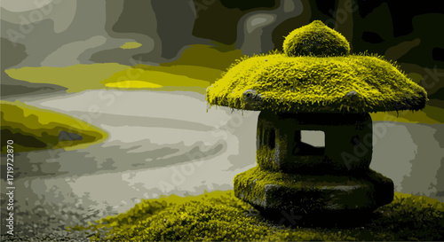 Serene Japanese stone lantern covered in moss stands on a rock in a peaceful pond, viewed from a slightly elevated perspective
