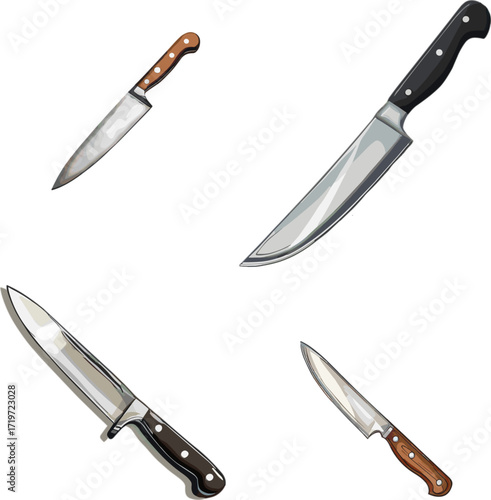 set of kitchen knives isolated in color style no background