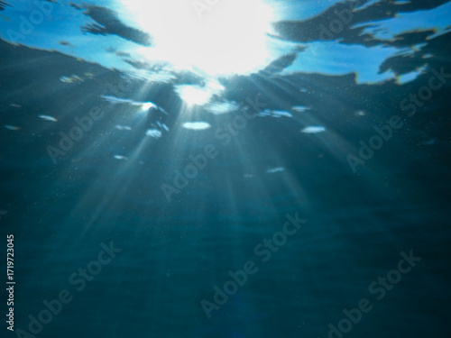 Wallpaper Mural Light filtering down through blue water. Underwater sunlight in deep sea. Light viewed from blue abyss. Underwater sunlight shining deep with ripples on wave surface ocean ray, Under water sunlighat. Torontodigital.ca
