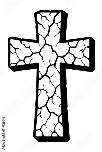 A solemn, weathered black and white illustration of a deeply cracked stone cross, depicting an ancient and distressed religious symbol, perfect for spiritual themes, memorial graphics, or historical d