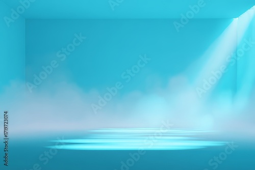 Minimalist Blue Indoor Stage with Fog and Spotlight in Modern Studio