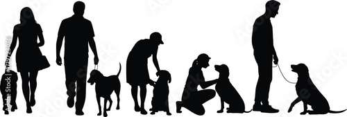 Silhouettes of people training, walking, and interacting with dogs, pet care and obedience concept, black vector on white background - flat vector illustration