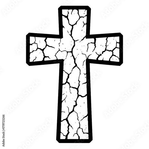Cracked Christian Cross Vector Art, portraying a deeply distressed and weathered stone texture. This grunge holy symbol in black and white powerfully evokes ancient faith, spiritual resilience, and sa