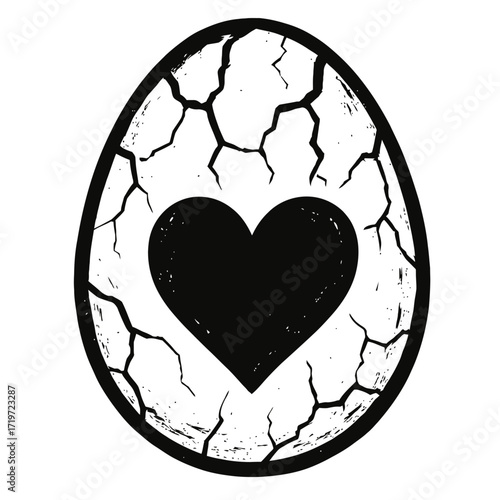 Black and white grunge illustration: cracked egg reveals bold heart. Symbolic artwork portraying fragile love, new beginnings, vulnerability, resilience, transformation, inner strength, enduring hope.