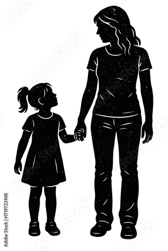 Black silhouette of mother and daughter holding hands, sharing a loving gaze. Represents maternal bond, family, care, childhood, protection, love, support, parenting, connection, unity, graphic, illus
