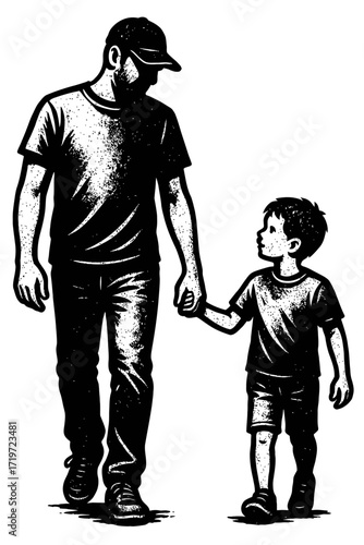 Touching Silhouette of Father and Son Walking Hand-in-Hand, Emphasizing Generational Connection, Parental Guidance, and Childhood Trust in a Striking Black and White Distressed Vector Art Style Illust