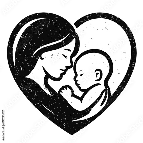 Black and white illustration of a mother embracing her newborn baby within a heart. This tender image symbolizes profound maternal love, pure care, and the unbreakable bond of family, highlighting new