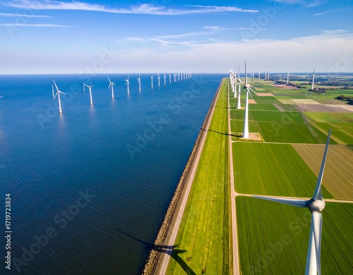 Aerial view of wind turbines along a coastal dike