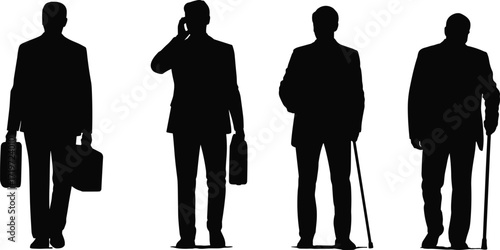 Business people silhouette, walking with briefcase, using phone, standing with cane, professional attire, mobility diversity, flat vector illustration