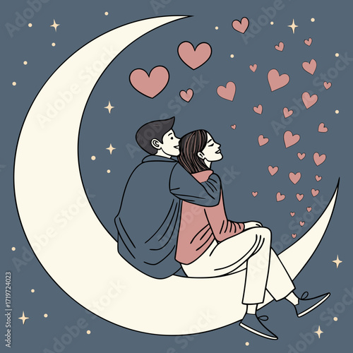 Couple sitting on the moon under hearts and stars in the night sky
