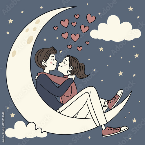 Couple hugging on the moon surrounded by hearts, stars, and clouds at night
