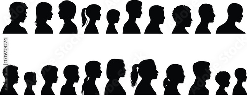 Diverse human head silhouettes flat vector illustration, multi-ethnic profile avatars, diverse people collection, communication and identity concept