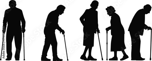 Elderly people silhouettes with walking sticks, senior citizens standing and walking, aging concept, healthcare support, mobility aid, retirement lifestyle illustration