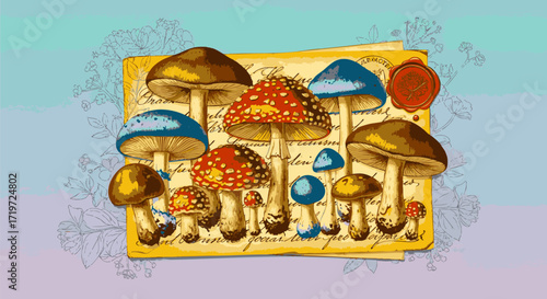 Vibrant mushrooms illustration featuring assorted fungi species, 1668.eps, in a stylized graphic representation