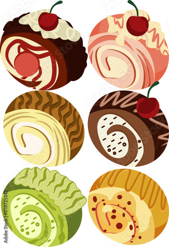 Colorful Swiss Roll Cake Vector Set Cute Cartoon Dessert Illustration