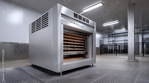 A sizable stainless steel industrial bakery oven positioned in a spacious, well-lit commercial kitchen facility, designed for high-volume food production.