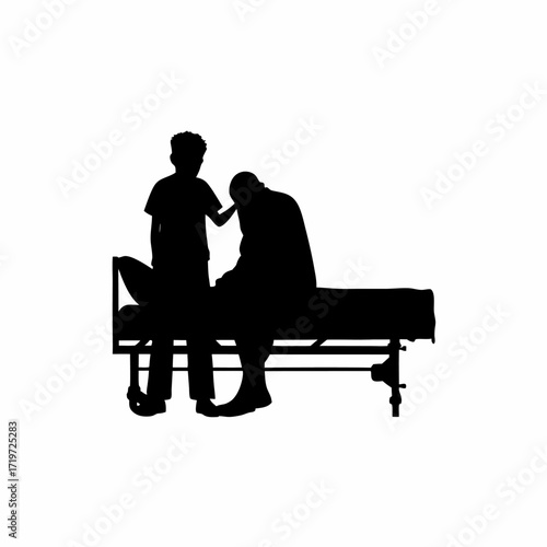 Silhouette of boy consoling father crying on hospital bed isolated on white background