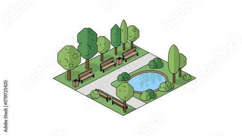 A peaceful digital oasis is captured in this clean isometric park scene, with geometric trees, simple benches, and a serene pond. Vector Illustration.