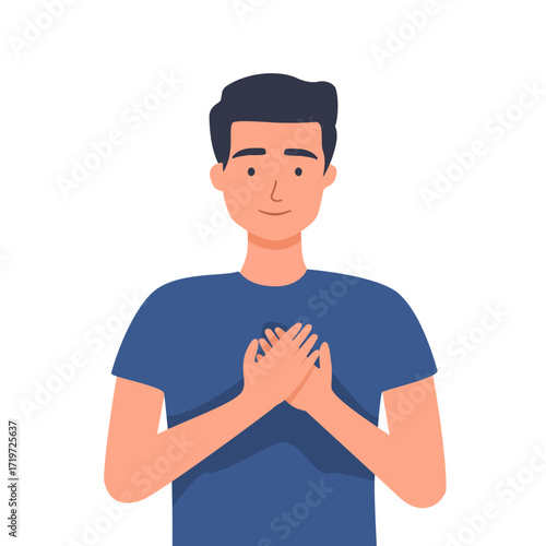 Happy grateful person with palms together. Thankful blissful man with closed eyes feeling gratitude, bliss, happiness, joy. Guy praying, thanking. Flat vector illustration isolated on white background