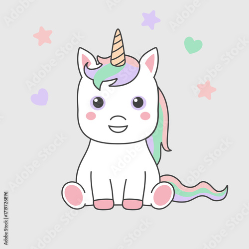 Cute baby unicorn cartoon illustration with pastel rainbow colors, sitting magical pony, vector drawing