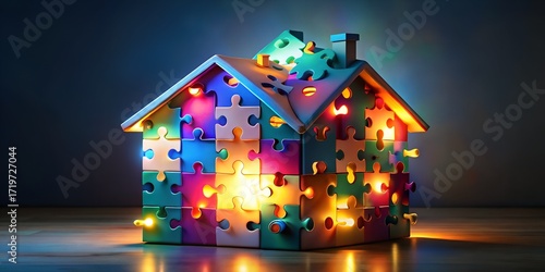 A whimsical house constructed from colorful puzzle pieces, symbolizing unity, creativity, and the idea of home as a place of connection and belonging