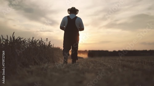 Cinematic back view of famer walking in picturesque rural scenery in sunset. Agribusiness and innovation in agriculture, silhouette of farm worker against beautiful sky, rural life, summer in country
