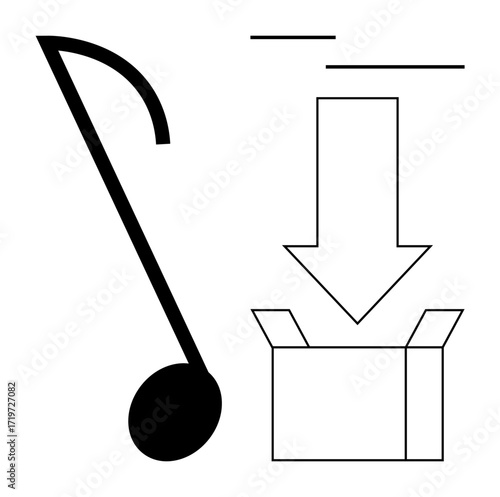 Musical note beside downward arrow entering open box, representing concepts thumbs up music storage, download, file transfer, streaming, music sharing, accessibility, simple flat metaphor